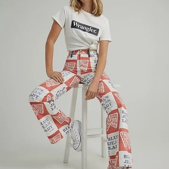 Wrangler Wanderer Printed High Rise Flare Blue Lady Jeans - Picture 2 of 9